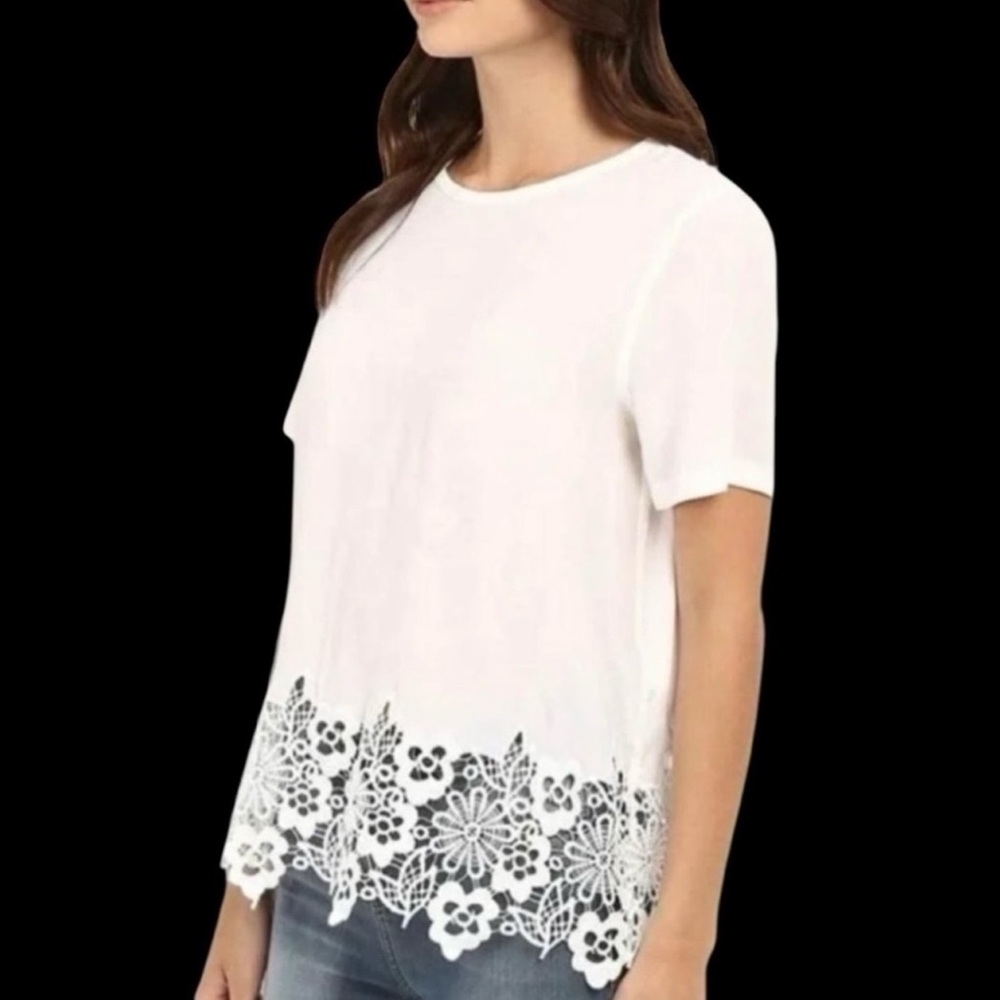 Equipment Femme Ivory Short Sleeve Silk Blouse with Floral Crochet Hem Small